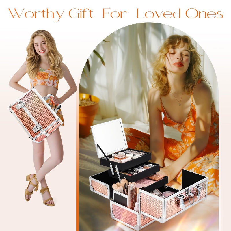 Joligrace Makeup Box 11.6-Inch Cosmetic Train Case for Women Travel Jewelry Organizer with Compartments & Mirror Portable Lockable Make-up Trunk Shiny Style - Image 5